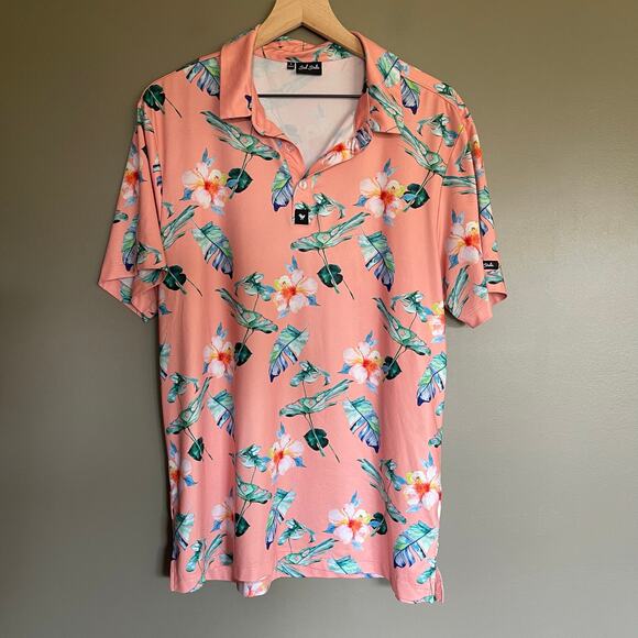 BAD BIRDIE Fresco Short Sleeve Polo‎ Shirt Large Pink Green Floral Golf Casual - Picture 4 of 13